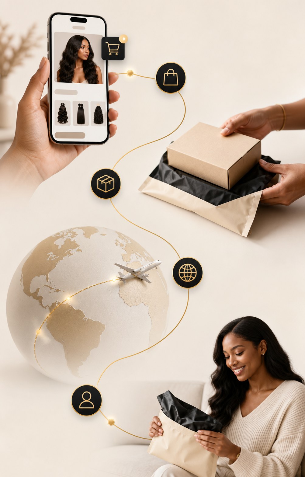 One-piece hair dropshipping workflow from online order to worldwide delivery